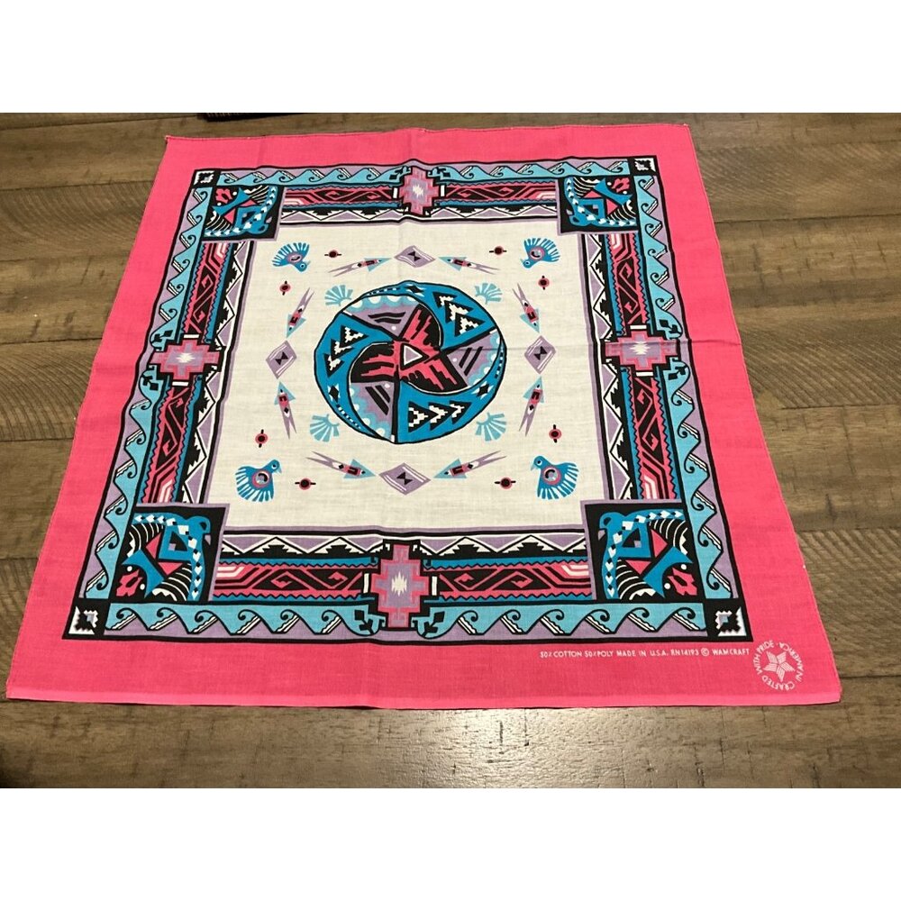 1980s Vintage Wamcraft Southwest Aztec Native Western Bandana Pink Purple